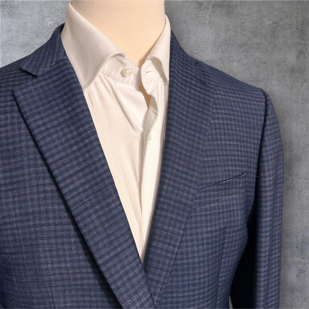 CALVIN KLEIN Mens Blazer 44R Sport Coat 2-Button Jacket Plaid Navy/Blue Wool